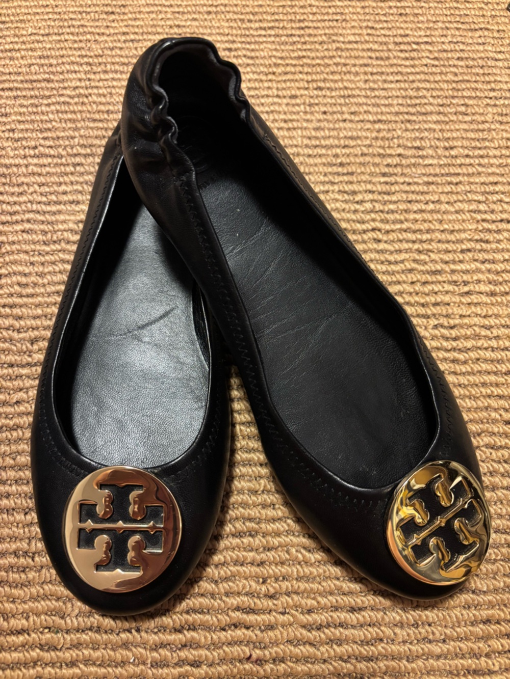 Tory Burch Black Leather Ballet Flats with Gold Logo Discs